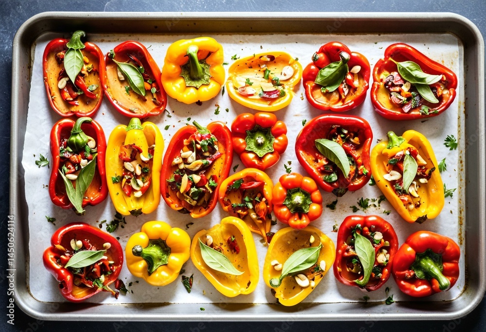 A tray of stuffed peppers on a baking sheet. A tray of stuffed peppers on a baking sheet.