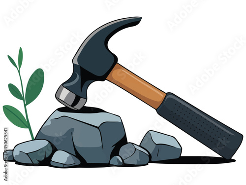 Hammer hitting stones mining isolated vector illustration on white background