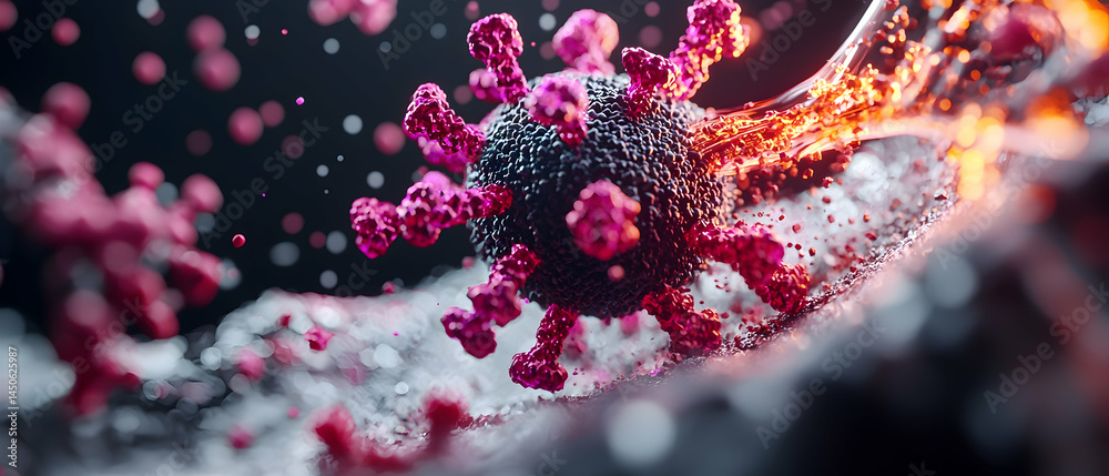 A detailed artistic depiction of a virus. Suggests research or educational material. Good for explaining microbiology or medical concepts. A detailed artistic depiction of a virus. Suggests research or educational material. Good for explaining microbiology or medical concepts.