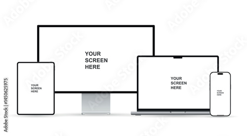 Realistic set of monitor, laptop, tablet, and smartphone. Modern digital devices collection. Vector illustration isolated on white background.