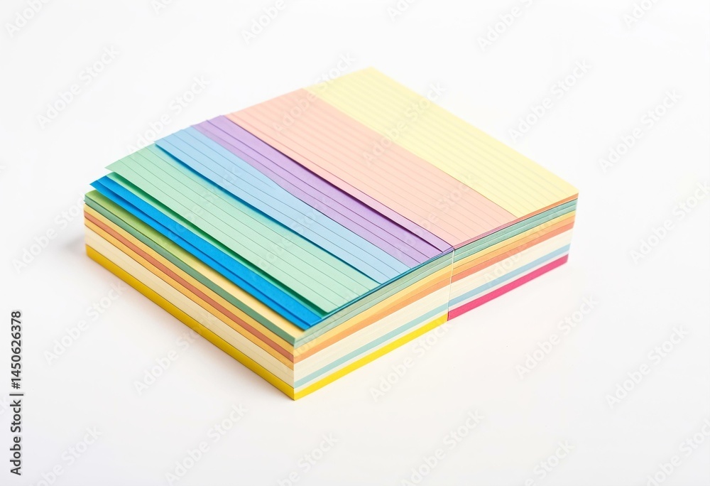 A stack of colorful sticky notes on a white surface. A stack of colorful sticky notes on a white surface.