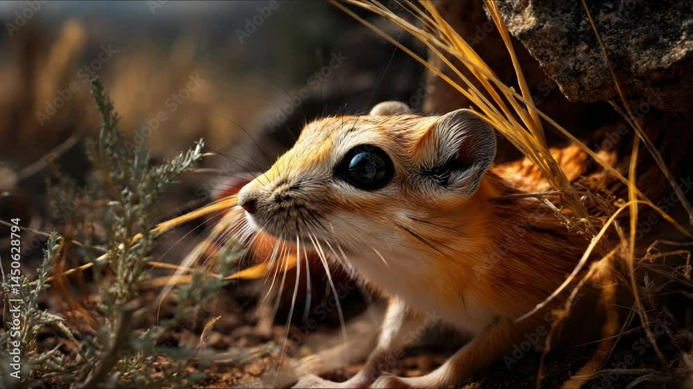 Golden gerbil peers out from a burrow, surrounded by dry grass and dirt, focusing its large dark eyes on something in the distance. Golden gerbil peers out from a burrow, surrounded by dry grass and dirt, focusing its large dark eyes on something in the distance.