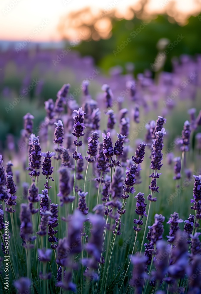 Naklejka premium Lavender Garden Sunset. Purple Flowers Gently Sway In A Warm Breeze. Soft Light Shines Across The Field. A Beautiful Serene Landscape For Contemplation And Peace.