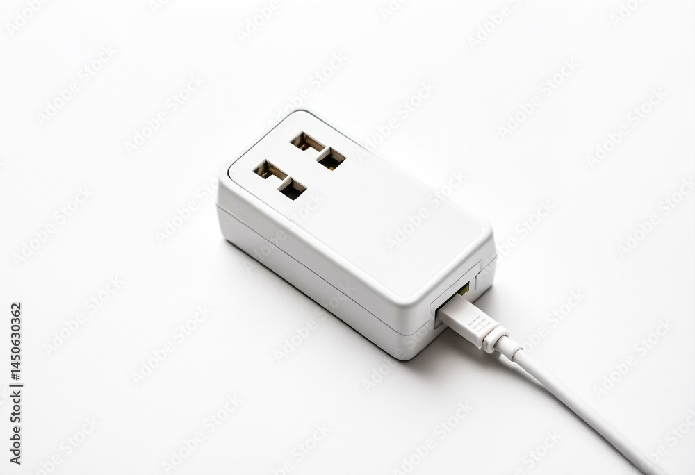 A white wall charger on a white surface. A white wall charger on a white surface.