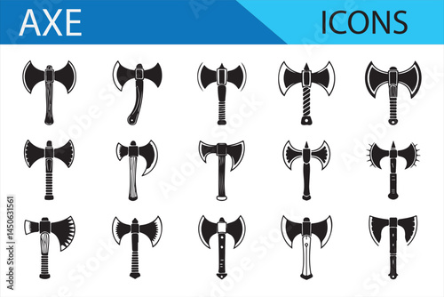 Vector illustration of axe icons in black silhouette, ideal for tools and adventure graphics.