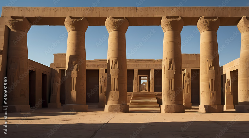 Fototapeta premium Ancient Egyptian Temple Architecture: Discover Intricate Arid Ruins of Historical Landmarks and Archeological Artifacts