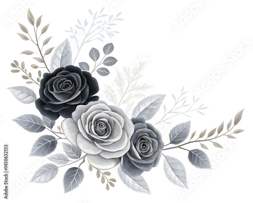 Monochromatic black and gray roses with silver foliage, minimalist floral design on white background