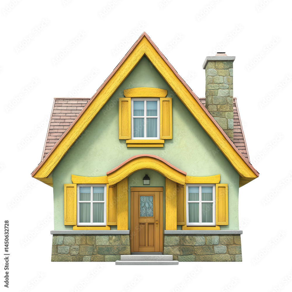 Charming colorful house with yellow window shutters and decorative roof accents, stone foundation, chimney, and inviting wooden front door in a cozy residential setting Charming colorful house with yellow window shutters and decorative roof accents, stone foundation, chimney, and inviting wooden front door in a cozy residential setting