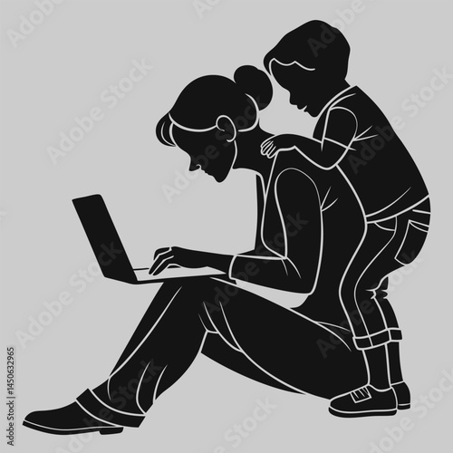 mom with laptop working while child hugs her silhouette vector design art and illustration