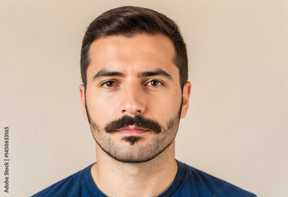 A man with a mustache and a blue shirt. A man with a mustache and a blue shirt.