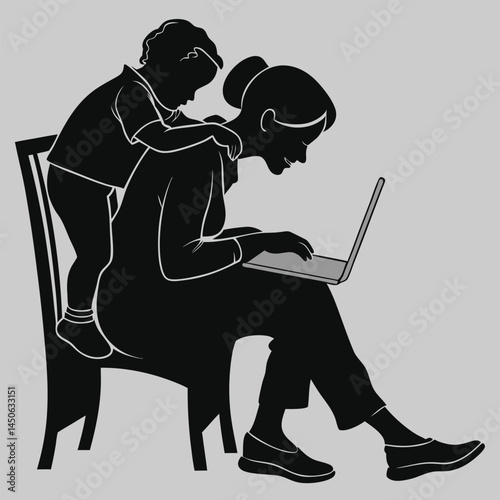 mom with laptop working while child hugs her silhouette vector design art and illustration
