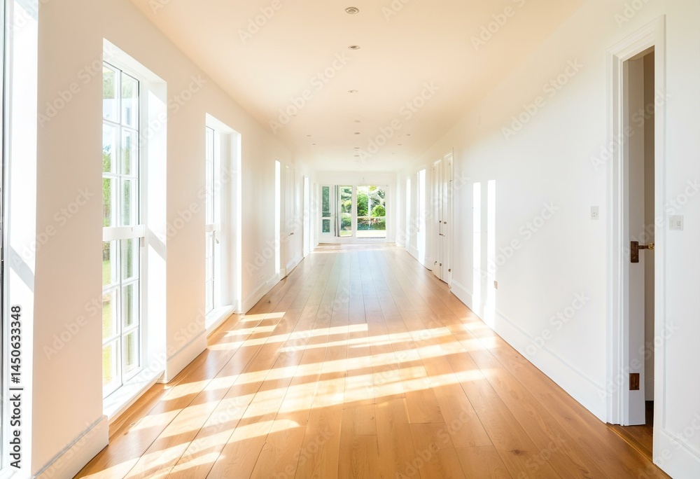 Fototapeta premium A long hallway with white walls and wood floors.