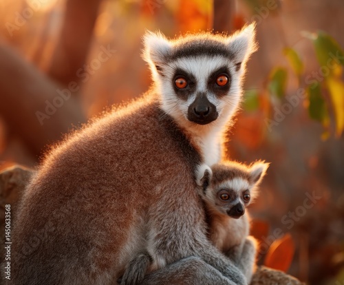 Family of monkeys, young baby. Ring-tailed lemur, lemur catta.