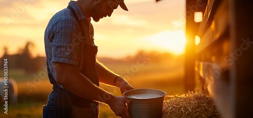 Sunrise glow on a diligent dairy farmer performing his daily morning chores