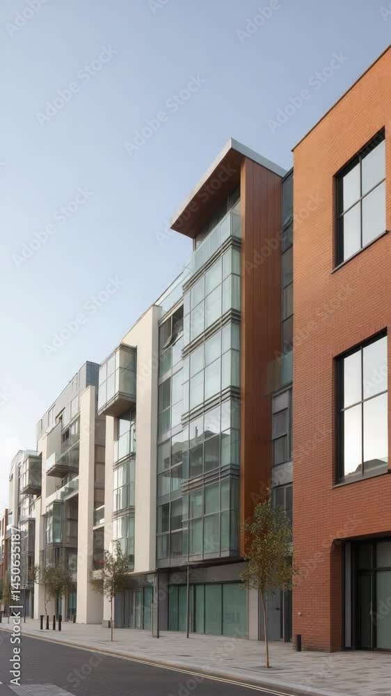 Modern architecture featuring contemporary residential building with glass windows and brick facade on a sunny day in a peaceful neighborhood Modern architecture featuring contemporary residential building with glass windows and brick facade on a sunny day in a peaceful neighborhood