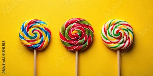 A vibrant trio of colorful swirl lollipops on a bright yellow background, representing sweet treats and delightful flavors.