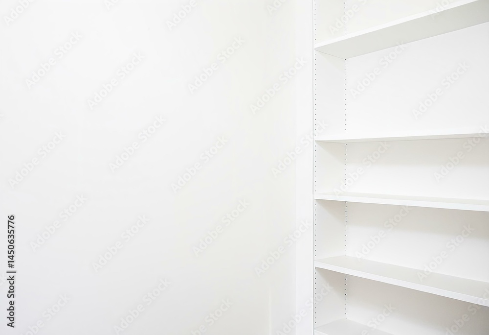A white bookcase with white shelves in a room. A white bookcase with white shelves in a room.