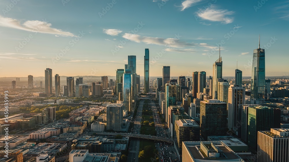 Obraz premium Aerial View of Modern Cityscape with Tall Skyscrapers and Blue S