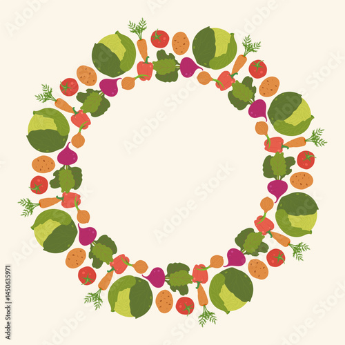 Colorful round vegetable frame with tomato, carrot, bell pepper,cabbage and onion. Flat vector illustration on light background for healthy food and organic themes