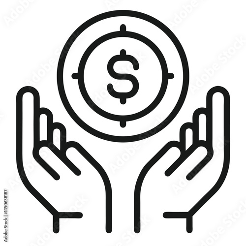Black and white icon, hands cupping, dollar sign in circle, target symbol, financial goal, money management, wealth protection, economic stability, line art, minimalist design, financial security, 