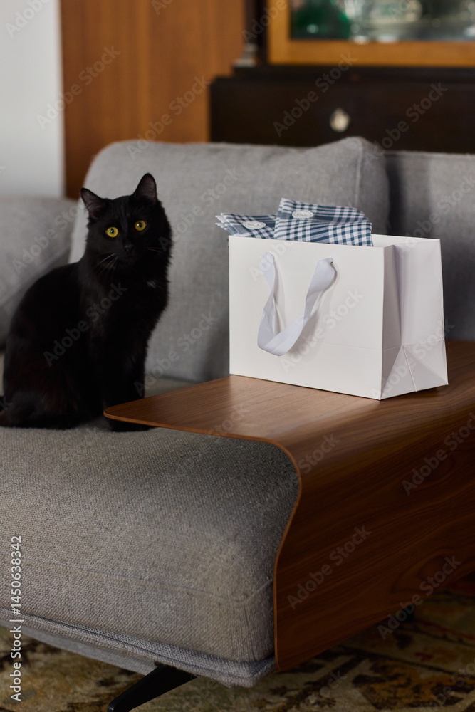 A curious and adorable black cat is exploring a cozy gift bag filled with surprises