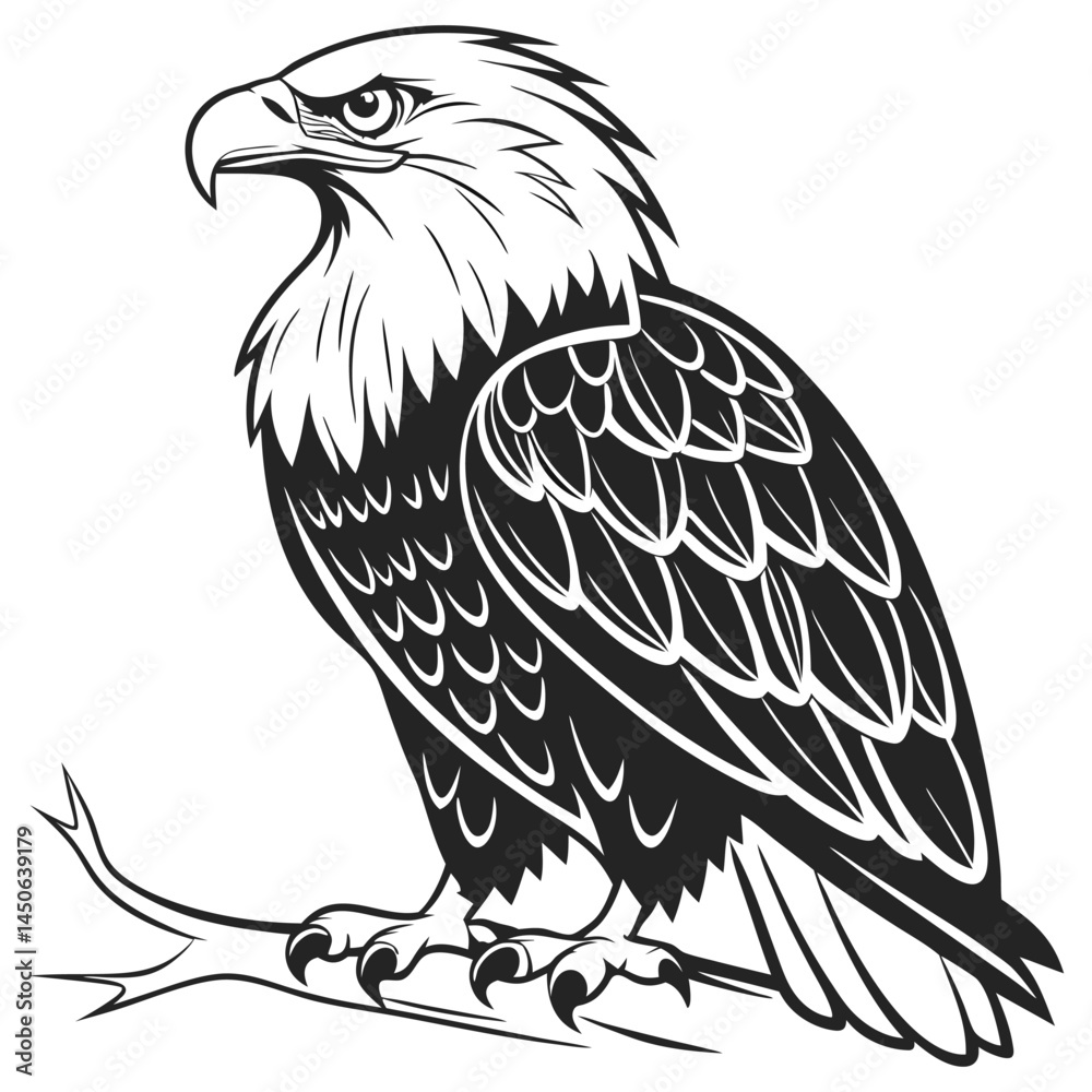 Obraz premium Black and White Line Art of a Front-Facing Eagle Standing with Wings Folded and Intense Expression