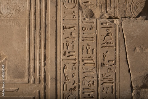 Ancient egyptian hieroglyphics on stone wall at historic archaeological site photo