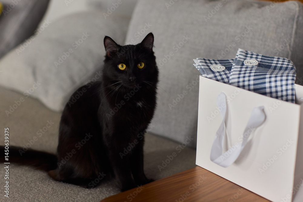 A curious and adorable black cat is exploring a cozy gift bag filled with surprises