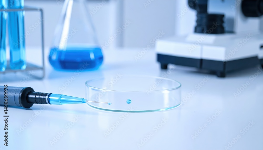 Micropipette Dispensing Blue Liquid into Petri Dish in Lab Setting Scientific Research Experiment Micropipette Dispensing Blue Liquid into Petri Dish in Lab Setting Scientific Research Experiment