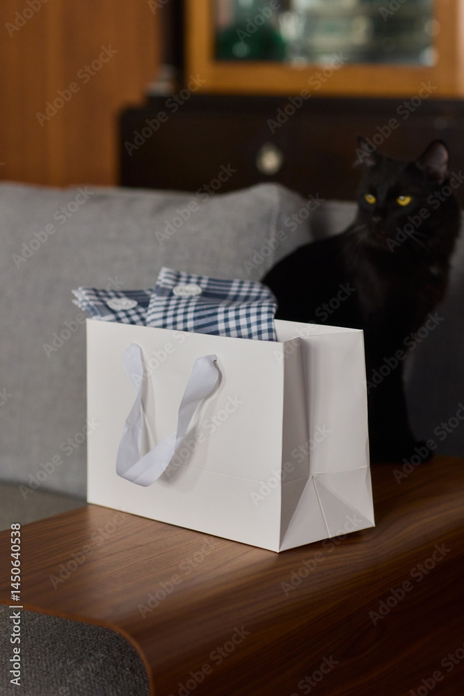 A curious and adorable black cat is exploring a cozy gift bag filled with surprises