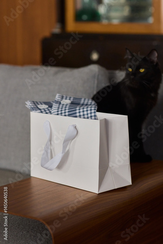Obraz na płótnie A curious and adorable black cat is exploring a cozy gift bag filled with surprises w salonie