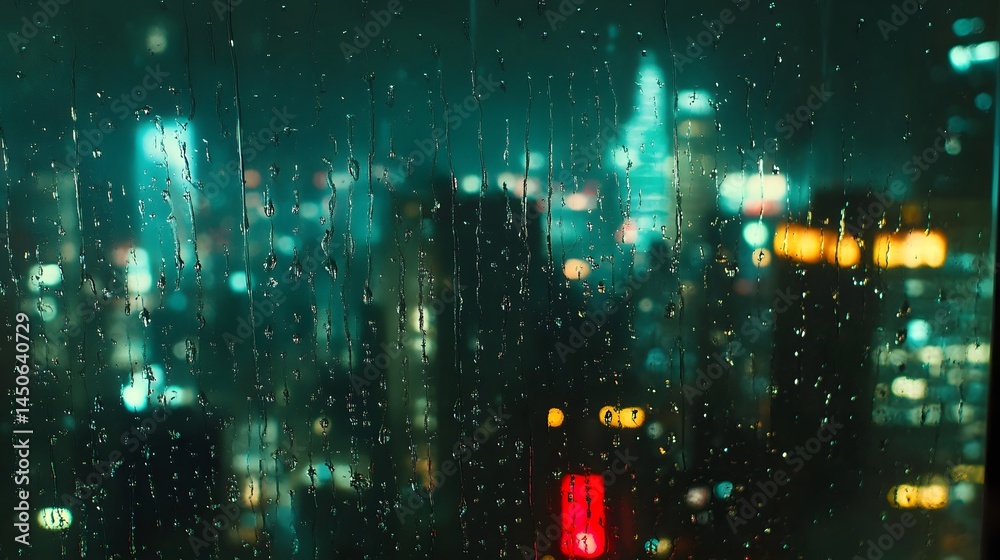 Obraz premium Rain-streaked city lights at night, viewed through a window. A nocturnal cityscape, blurred by rain