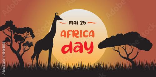 Africa Day Savannah Landscape with a giraffe in a sunset savannah with acacia trees, May 25 - vector illustration. Safari scene in warm tones, perfect for nature or travel themes.