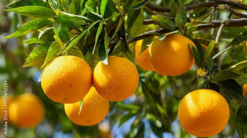 Close-up of several ripe oranges hanging from a tree branch surrounded by green leaves on a sunny day
