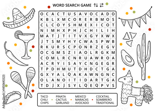 Mexican word search puzzle game with line drawings worksheet. Festive fun activity for learning English vocabulary. Educational game for children and adults. Mexico line art drawing elements, doodles