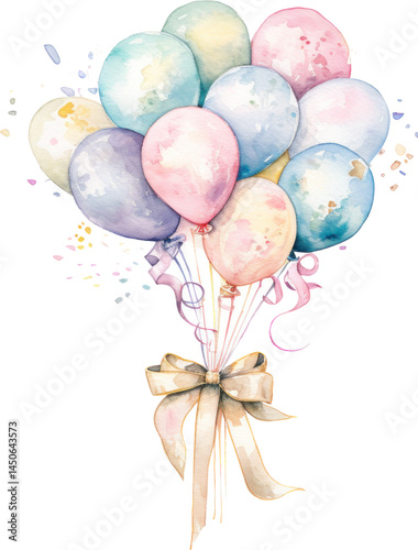 Isolated birthday balloon bouquet as watercolor illustration on transparent background