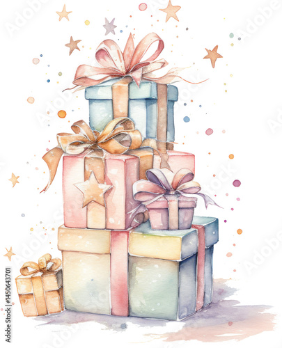Present box pile as watercolor illustration with stars isolated on transparent background