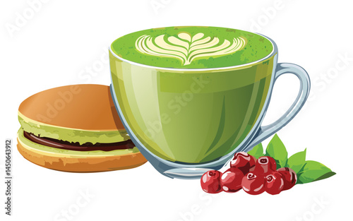 Matcha Latte with Dorayaki - Vector Illustration