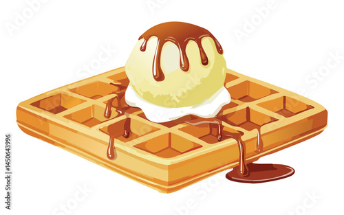 Belgian Waffle with Ice Cream and Caramel - Vector Illustration