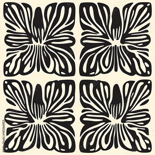 Black and white floral pattern, four stylized flowers arranged in a square grid on a cream background. The flowers have a symmetrical, radiating design with curved petals. The style is reminiscent of