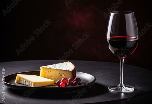 A glass of red wine and some cheese on a plate. photo