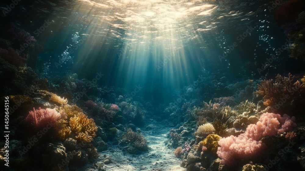 Fototapeta premium Underwater Coral Reef Scene With Sunlight Beams