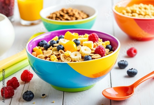 A bowl of cereal with fruit and a yellow spoon.