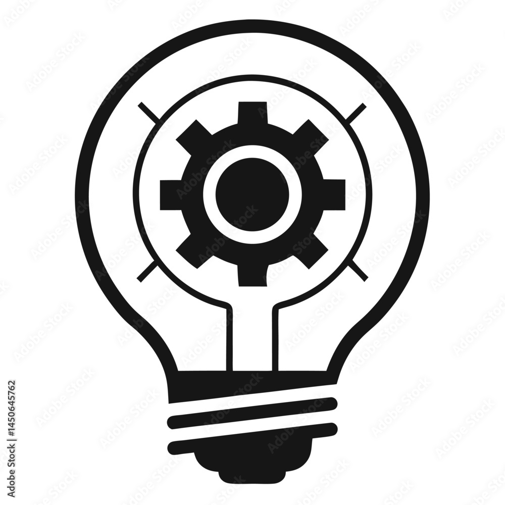 Light bulb icon, gear inside, innovation concept, black and white design, simple line art, idea symbol, technical thinking, creativity illustration, minimalist style, problem-solving visual, Light bulb icon, gear inside, innovation concept, black and white design, simple line art, idea symbol, technical thinking, creativity illustration, minimalist style, problem-solving visual,