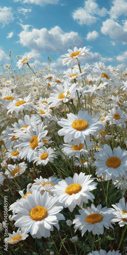 Field of white daisies with yellow centers swaying gently under a bright blue sky
