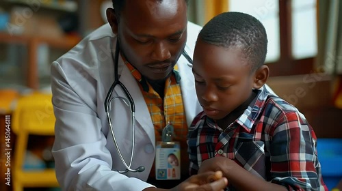 Rural African pediatrician examining young boy with stethoscope.