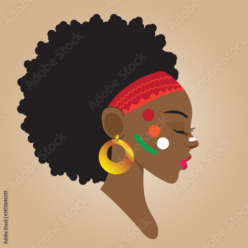 Portrait of an African woman with afro hairstyle, earrings and tribal face paint. Colorful vector for Africa celebration, pride, heritage, and Afrocentric culture design.