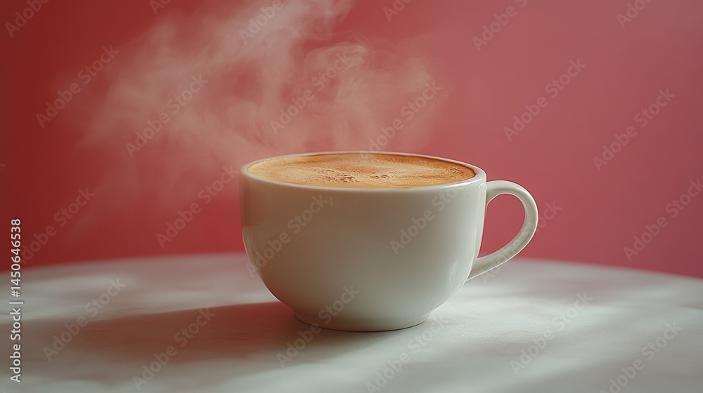 Obraz premium A steaming cup of coffee sits on a white table with a pink background