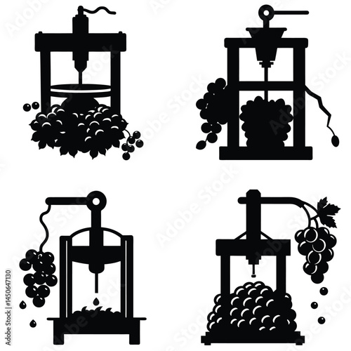Grape Press Silhouettes For Winemaking And Agricultural Concepts Vector Illustration Set