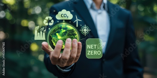 Sustainable development, net zero, global effort, in a business setting.